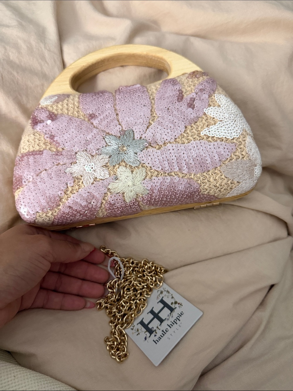 Haute Hippie Pink Sequin Floral Clutch with Wooden Handle - Picture 2 of 10
